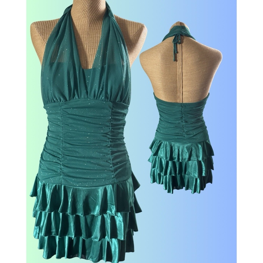 Y2K Xoxo Green Glitter‎ Babydoll Halter Dress Goth Fairy Grunge Mermaid Medium